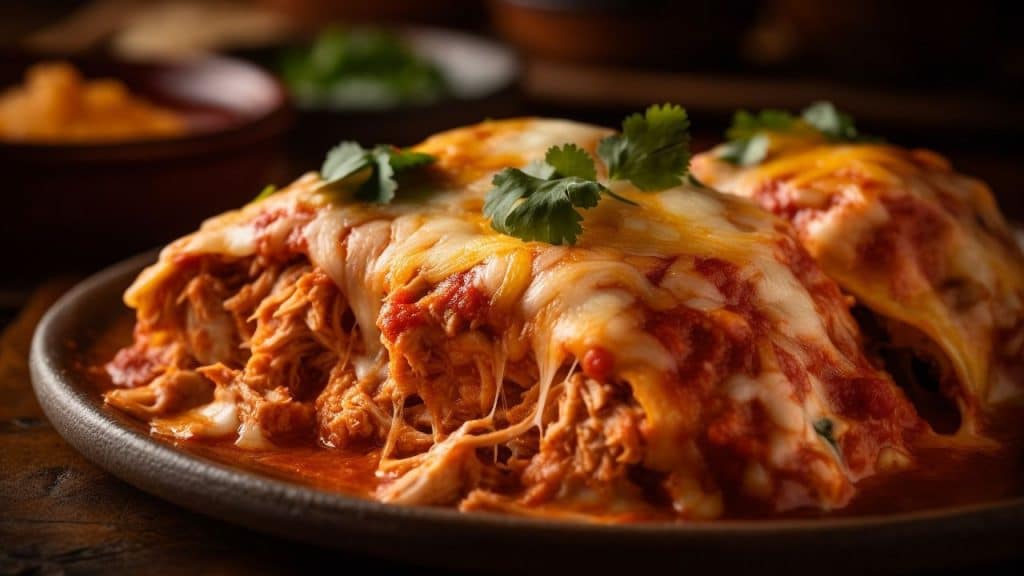 Lasanha de carne moída em um prato fundo preto.