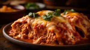 Lasanha de carne moída em um prato fundo preto.