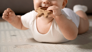 Bebê com um macaquinho branco e um brinquedo com a mão na boca
