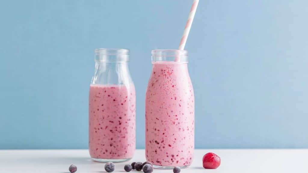 Smoothies de frutas vermelhas em frente a um fundo azul.