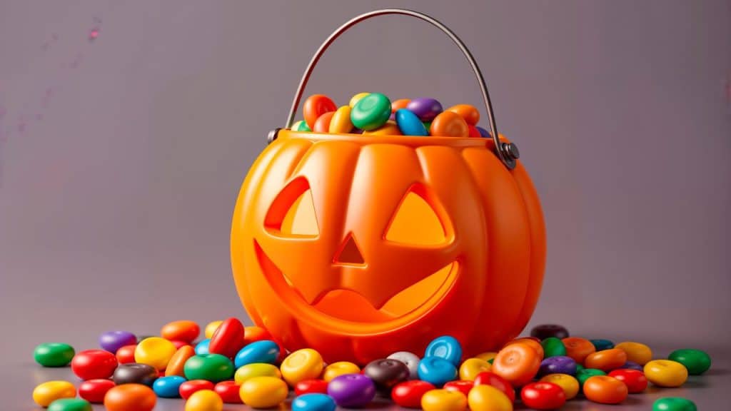 Balde de abóbora com doces para o Halloween.
