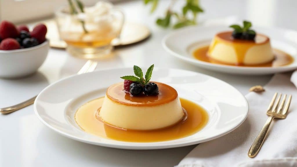 Pudim com calda de açúcar em uma mesa com outros pratos.